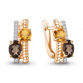 Серьги из золочёного серебра AQUAMARINE А45028635А-п с фианитом, цитрином и кварцем А45028635А-п фото