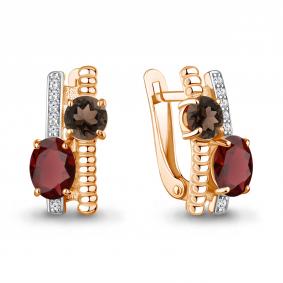 Серьги из золочёного серебра AQUAMARINE А45028636А-п с фианитом, гранатом и кварцем А45028636А-п фото