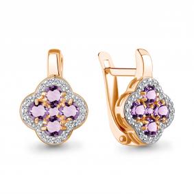 Серьги из золочёного серебра AQUAMARINE А45029304А-п с фианитом и аметистом А45029304А-п фото