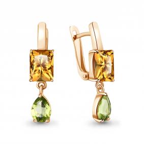 Серьги из золочёного серебра AQUAMARINE А45032338-п с хризолитом и цитрином А45032338-п фото