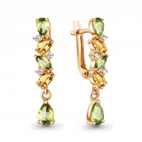 Серьги из золочёного серебра AQUAMARINE А45034038А-п с фианитом, хризолитом и цитрином А45034038А-п фото