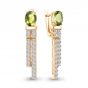 Серьги из золочёного серебра AQUAMARINE А45034207А-п с фианитом и хризолитом А45034207А-п фото