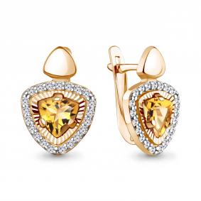 Серьги из золочёного серебра AQUAMARINE А45040706А-п с фианитом и цитрином А45040706А-п фото
