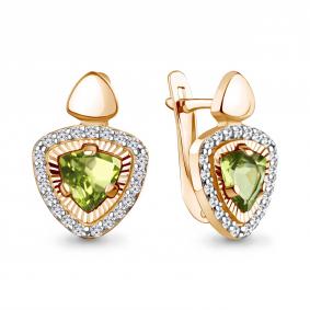 Серьги из золочёного серебра AQUAMARINE А45040707А-п с фианитом и хризолитом А45040707А-п фото
