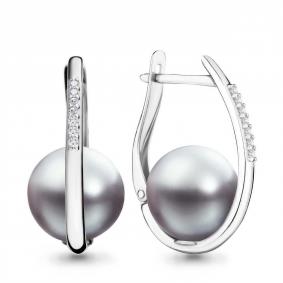 Серебряные серьги AQUAMARINE А45566Я с фианитом и жемчугом А45566Я фото