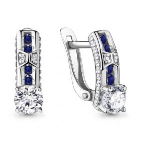 Серебряные серьги AQUAMARINE А45727Б с фианитом и гидротермальным сапфиром А45727Б фото