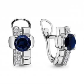 Серебряные серьги AQUAMARINE А45880Б с фианитом и гидротермальным сапфиром А45880Б фото