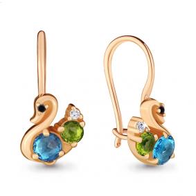 Серьги из золочёного серебра AQUAMARINE А4704131Ч-п с топазом, фианитом, хризолитом, миксом камней и ювелирным кристаллом А4704131Ч-п фото