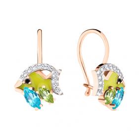 Серьги из золочёного серебра AQUAMARINE А4704931АЧ-п с топазом, фианитом, хризолитом, эмалью, миксом камней и ювелирным кристаллом А4704931АЧ-п фото
