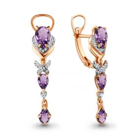 Серьги из золочёного серебра AQUAMARINE А4707504А-п с фианитом и аметистом А4707504А-п фото