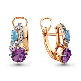 Серьги из золочёного серебра AQUAMARINE А4708130А-п с топазом, фианитом, аметистом и миксом камней А4708130А-п фото