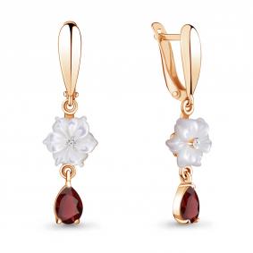 Серьги из золочёного серебра AQUAMARINE А4730703А-п с фианитом, гранатом и перламутром А4730703А-п фото