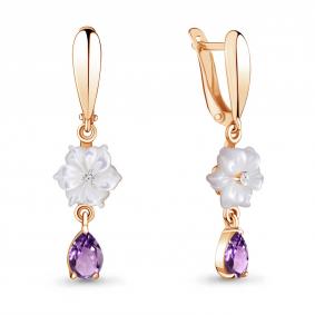 Серьги из золочёного серебра AQUAMARINE А4730704А-п с фианитом, аметистом и перламутром А4730704А-п фото