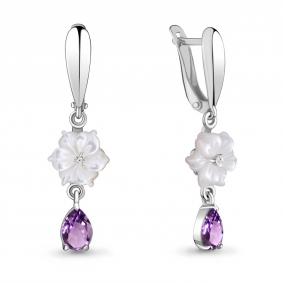 Серебряные серьги AQUAMARINE А4730704А с фианитом, аметистом и перламутром А4730704А фото