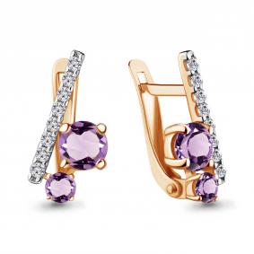 Серьги из золочёного серебра AQUAMARINE А4732304А-п с фианитом и аметистом А4732304А-п фото