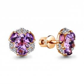 Серьги из золочёного серебра AQUAMARINE А4736004А-п с фианитом и аметистом А4736004А-п фото