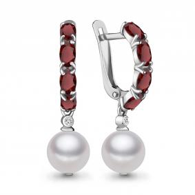 Серебряные серьги AQUAMARINE А4745203 с гранатом, жемчугом и ювелирным кристаллом А4745203 фото