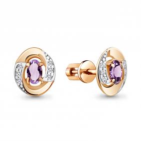 Серьги из золочёного серебра AQUAMARINE А4752804А-пк с фианитом и аметистом А4752804А-пк фото