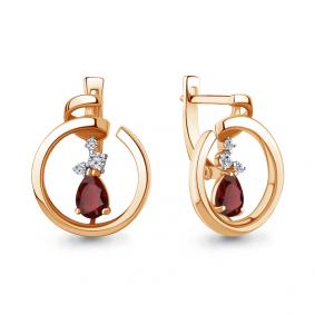 Серьги из золочёного серебра AQUAMARINE А4758503А-п с фианитом и гранатом А4758503А-п фото