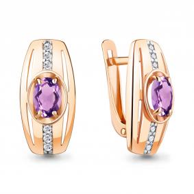 Серьги из золочёного серебра AQUAMARINE А4759504А-п с фианитом и аметистом А4759504А-п фото