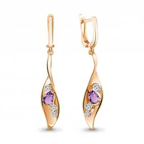 Серьги из золочёного серебра AQUAMARINE А4760704А-п с фианитом и аметистом А4760704А-п фото