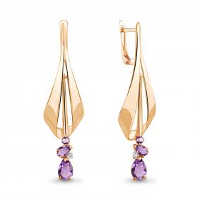 Серьги из золочёного серебра AQUAMARINE А4761604А-п с фианитом и аметистом А4761604А-п фото