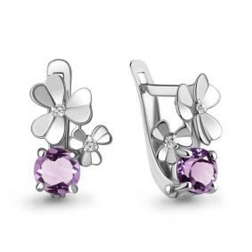 Серебряные серьги AQUAMARINE А4765004А с фианитом и аметистом А4765004А фото