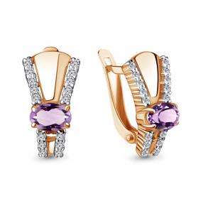Серьги из золочёного серебра AQUAMARINE А4780604А-п с фианитом и аметистом А4780604А-п фото