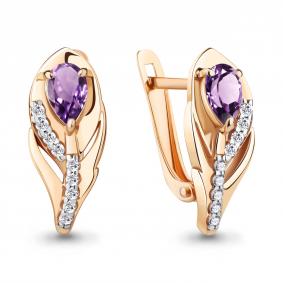 Серьги из золочёного серебра AQUAMARINE А4787904А-п с фианитом и аметистом А4787904А-п фото