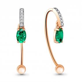Серьги из золочёного серебра AQUAMARINE А48296АГ-пк с фианитом и гидротермальным изумрудом А48296АГ-пк фото