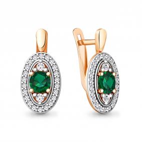 Серьги из золочёного серебра AQUAMARINE А48358АГ-пк с фианитом и гидротермальным изумрудом А48358АГ-пк фото