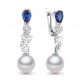 Серебряные серьги AQUAMARINE А48933Б с фианитом, жемчугом и гидротермальным сапфиром А48933Б фото