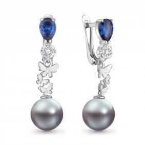 Серебряные серьги AQUAMARINE А48933ЯБ с фианитом, жемчугом и гидротермальным сапфиром А48933ЯБ фото