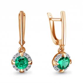 Серьги из золочёного серебра AQUAMARINE А49300АГ-п с фианитом и гидротермальным изумрудом А49300АГ-п фото