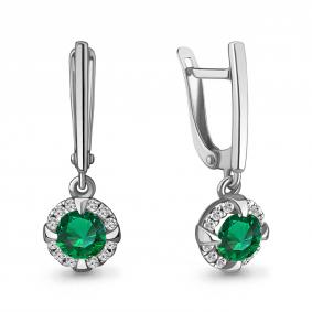 Серебряные серьги AQUAMARINE А49300АГ с фианитом и гидротермальным изумрудом А49300АГ фото