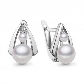 Серебряные серьги AQUAMARINE А49322А с фианитом и жемчугом А49322А фото