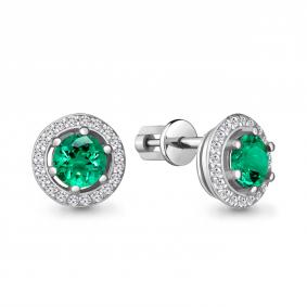 Серебряные серьги AQUAMARINE А49366АГ с фианитом и гидротермальным изумрудом А49366АГ фото