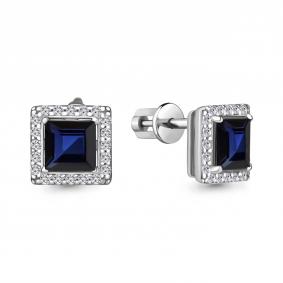 Серебряные серьги AQUAMARINE А49367АБ с фианитом и гидротермальным сапфиром А49367АБ фото