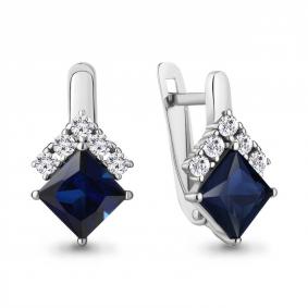 Серебряные серьги AQUAMARINE А49373АБ с фианитом и гидротермальным сапфиром А49373АБ фото