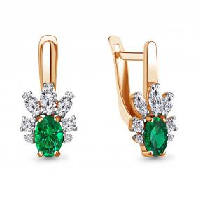 Серьги из золочёного серебра AQUAMARINE А49375АГ-п с фианитом и гидротермальным изумрудом А49375АГ-п фото