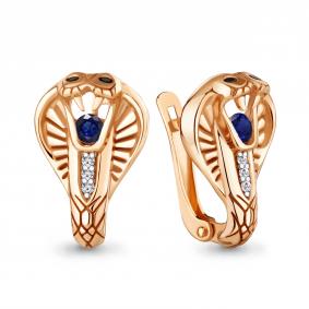 Серьги из золочёного серебра Символ года Змея AQUAMARINE с ювелирным кристалом и гидротермальным сапфиром и фианитом А49406АБЧ-п А49406АБЧ-п фото
