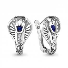 Серебряные серьги Символ года Змея AQUAMARINE с гитротермальным сапфиром, ювелирным кристаллом и фианитом А49406АБЧ А49406АБЧ фото