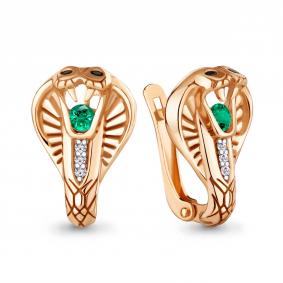 Серьги из золочёного серебра Символ года Змея AQUAMARINE с ювелирным кристалом и гидротермальным изумрудом и фианитом А49406АГЧ-п А49406АГЧ-п фото
