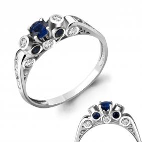 Серебряное кольцо AQUAMARINE А64276Б с фианитом и гидротермальным сапфиром А64276Б фото