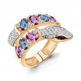 Кольцо Символ года Змея из золоченого серебра AQUAMARINE с миксом камней А65030730АЧ-п А65030730АЧ-п фото