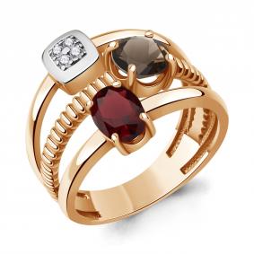 Кольцо из золочёного серебра AQUAMARINE А65032136А-пк с фианитом, гранатом и кварцем А65032136А-пк фото