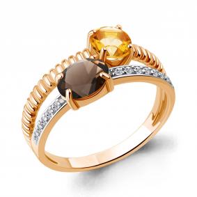 Кольцо из золочёного серебра AQUAMARINE А65032635А-п с фианитом, цитрином и кварцем А65032635А-п фото