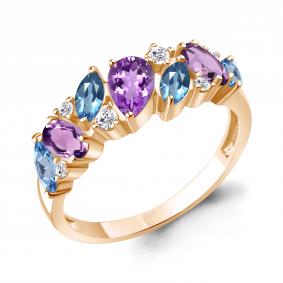 Кольцо из золочёного серебра AQUAMARINE А65034730А-п с топазом, фианитом и аметистом А65034730А-п фото