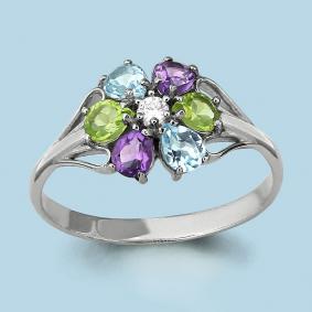 Серебряное кольцо AQUAMARINE А6552504А с топазом, фианитом, аметистом и хризолитом А6552504А фото