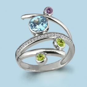 Серебряное кольцо AQUAMARINE А6552805А с топазом, фианитом, аметистом, хризолитом и миксом камней А6552805А фото